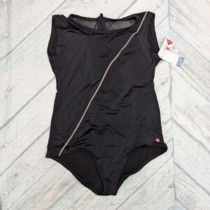 Cacique Size 14 Black Modest One Piece Swimsuit Active with self zip cord